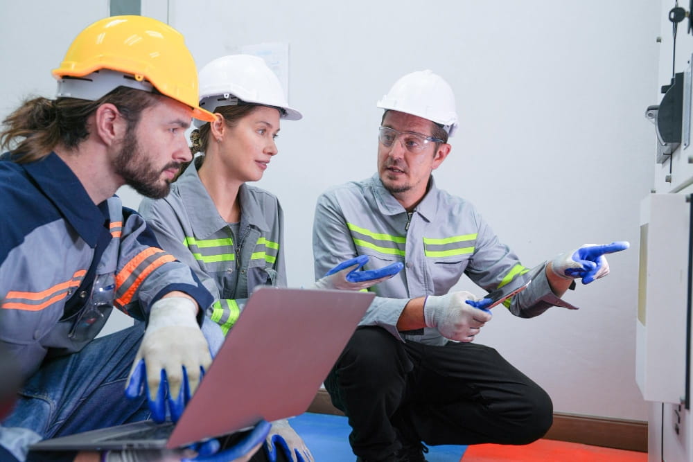 Three technicians in safety gear examine equipment during a gas technician training course