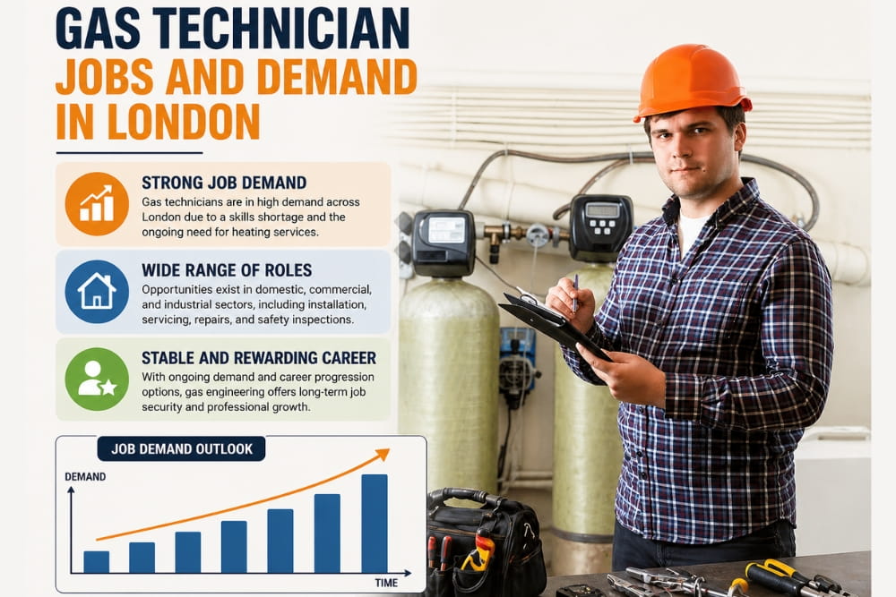 Gas technician demand infographic featuring professional engineer and rising job market chart