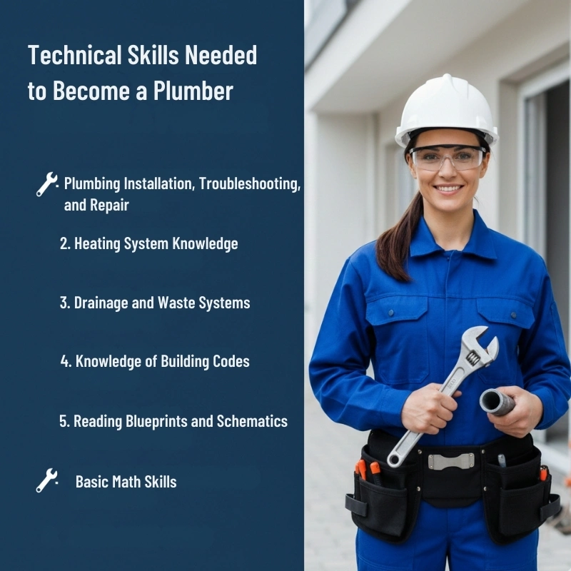 Female plumber in blue uniform holding a wrench beside technical skills list