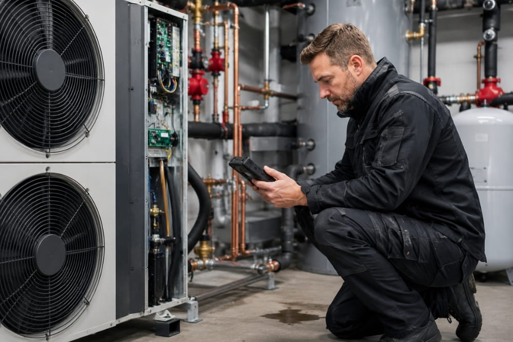 Technician diagnoses an industrial heat pump during advanced plumbing specialist training