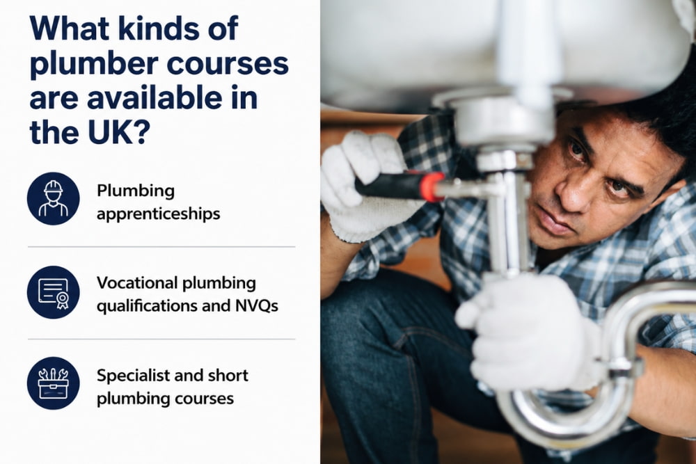 Plumber repairs under-sink drainage pipe beside an infographic about plumbing courses