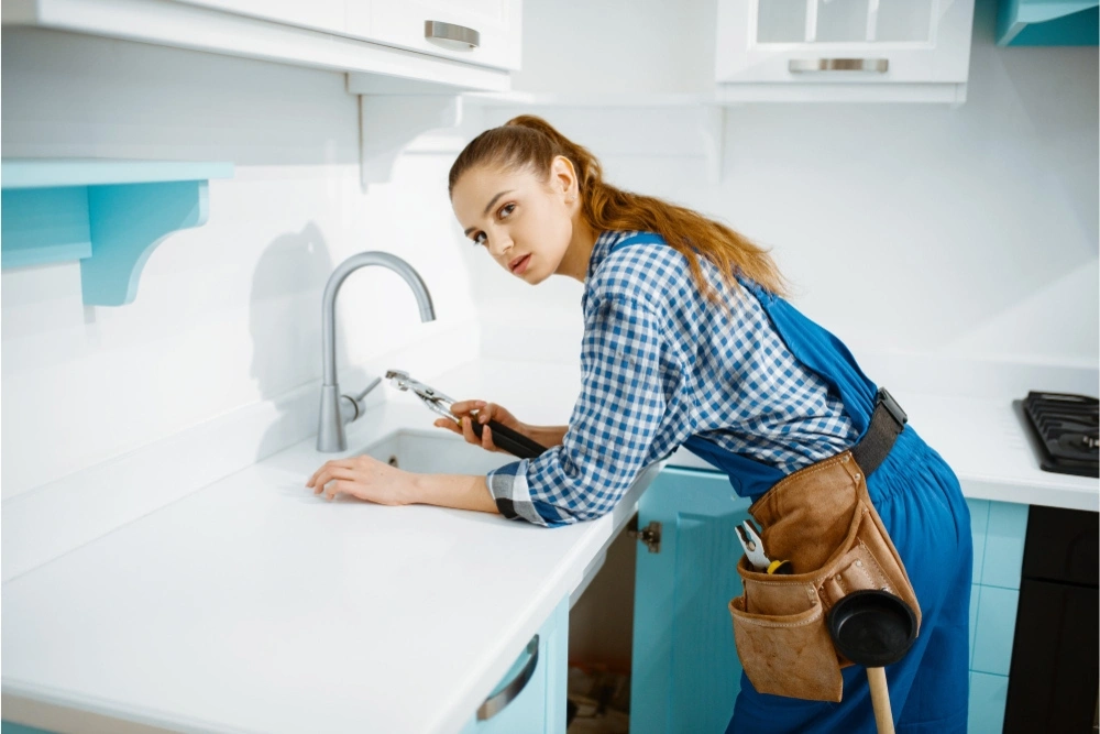 Female plumber holding a wrench near a kitchen faucet, representing the NVQ Level 2 Plumbing Diploma skills