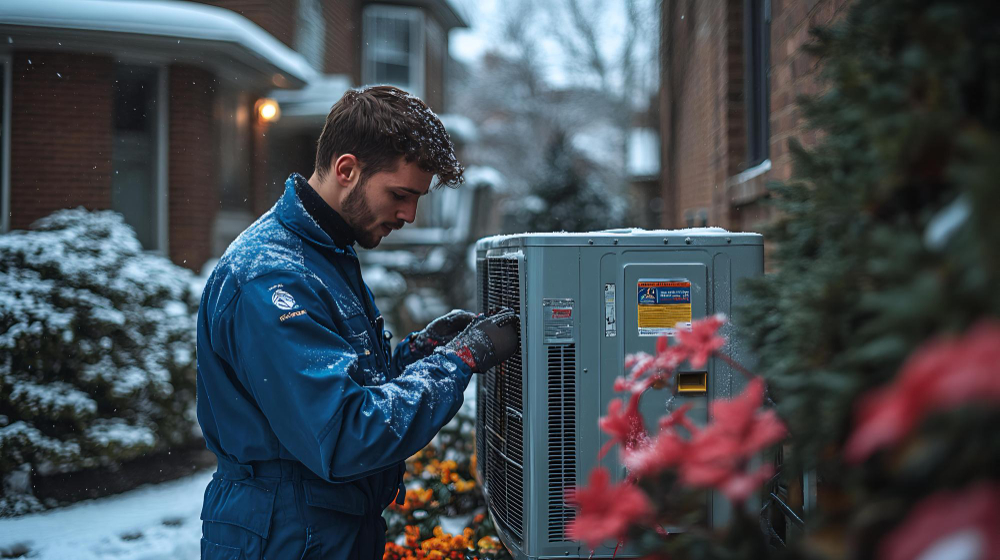 HVAC technician in a blue uniform services an outdoor air source heat pump unit covered in snow on a cold winter day