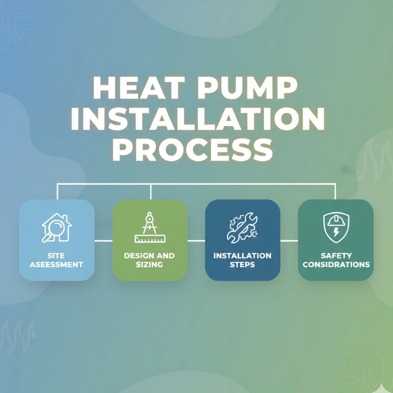 Diagram outlining the heat pump installation process: site assessment, design and sizing, installation steps, and safety considerations