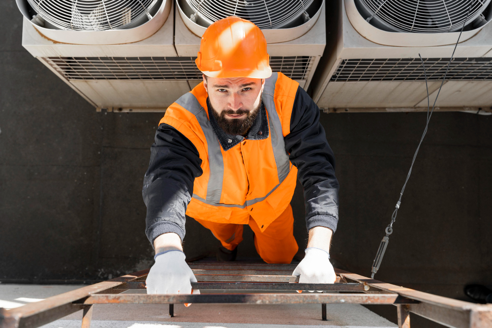 HVAC technician climbing a ladder toward rooftop air source heat pump units for essential training and maintenance