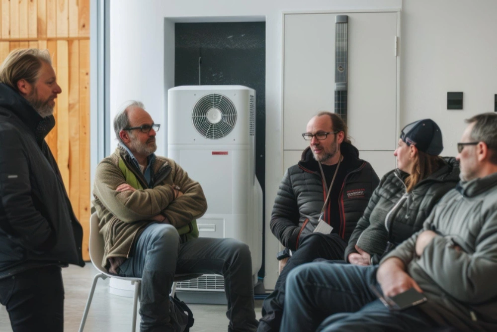 HVAC technicians attend a group training session focused on an air source heat pump unit