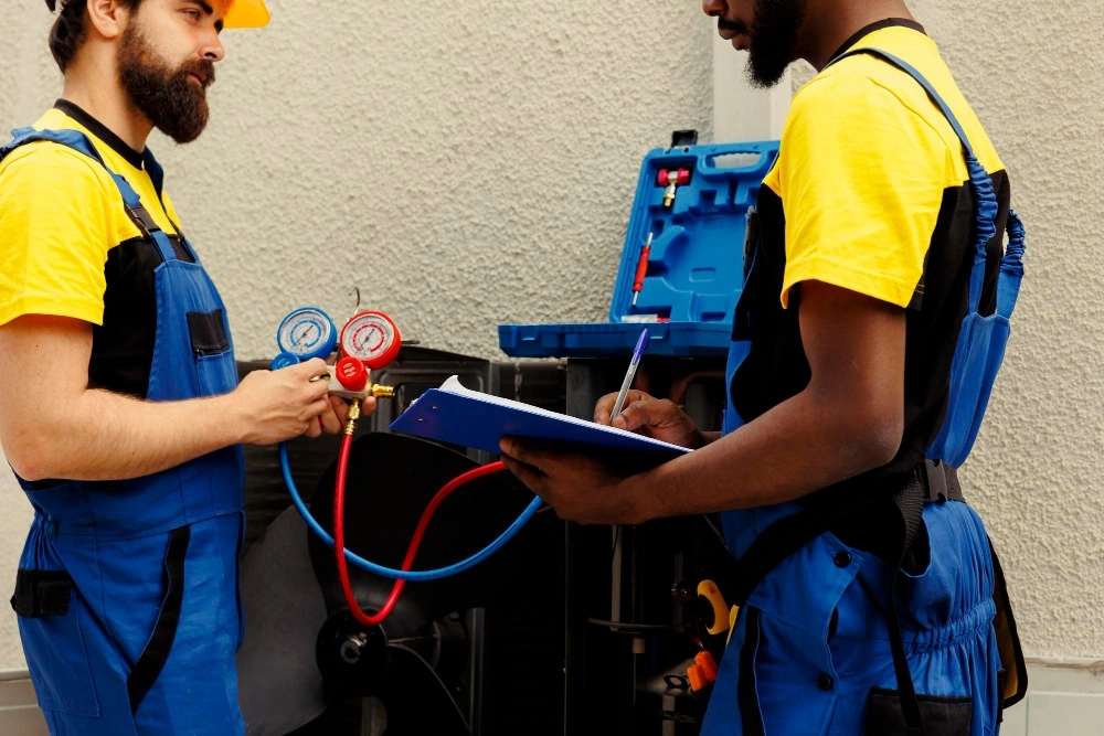 Air Source Heat Pump Training: Two HVAC technicians, one with a yellow hard hat, check refrigerant pressures on an outdoor heat pump unit