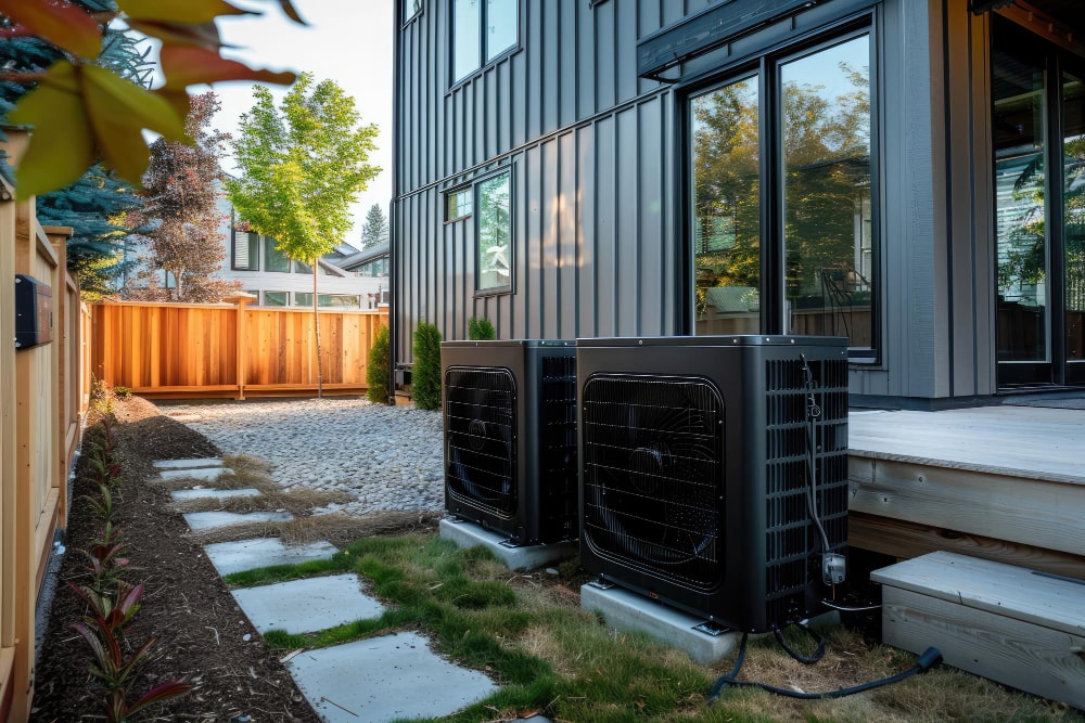 A photo of two modern black air source heat pump units installed outside a home, relevant for courses and training