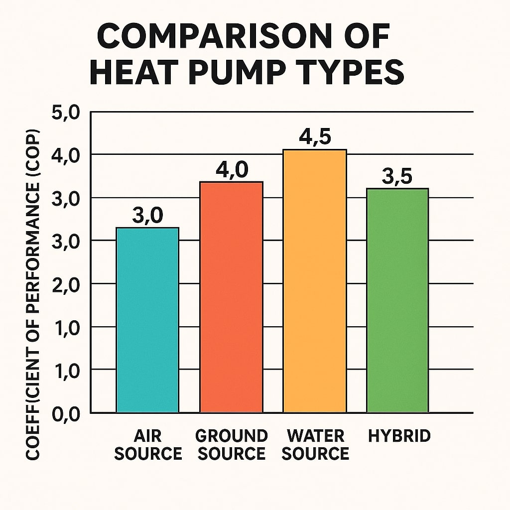 Bar chart comparing Air Source Heat Pump (COP 3.0) efficiency to Ground, Water, and Hybrid types