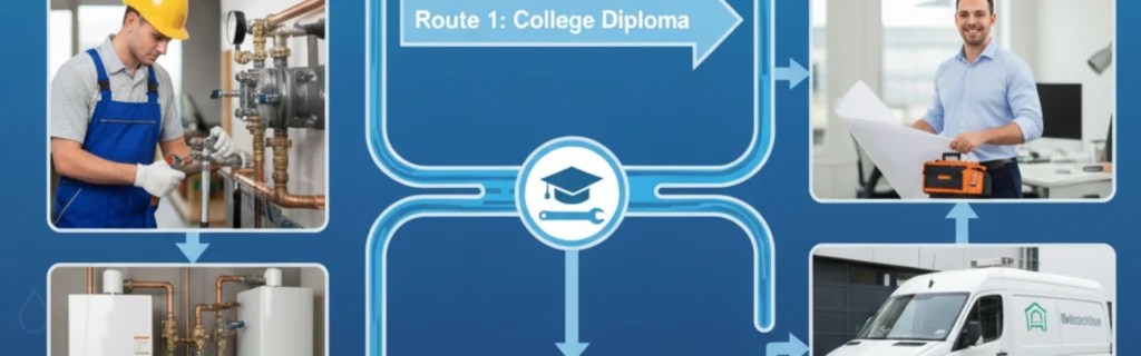 Flowchart illustrating plumbing qualifications: A plumber, college diploma route, and a professional with blueprints and a van