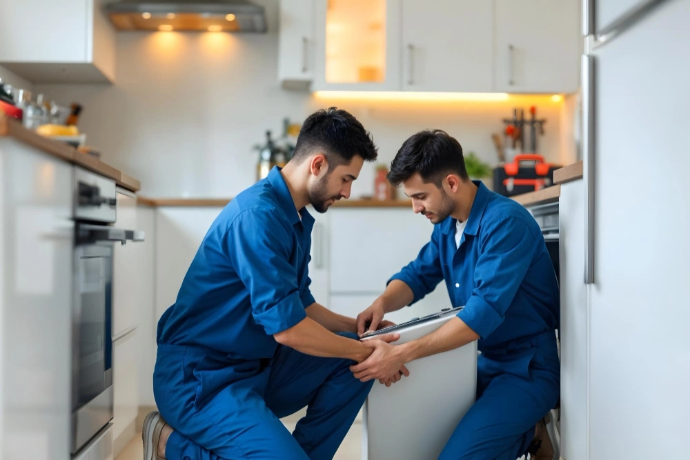 Plumbers in blue jumpsuits install or repair a dishwasher under a counter in a modern, white kitchen