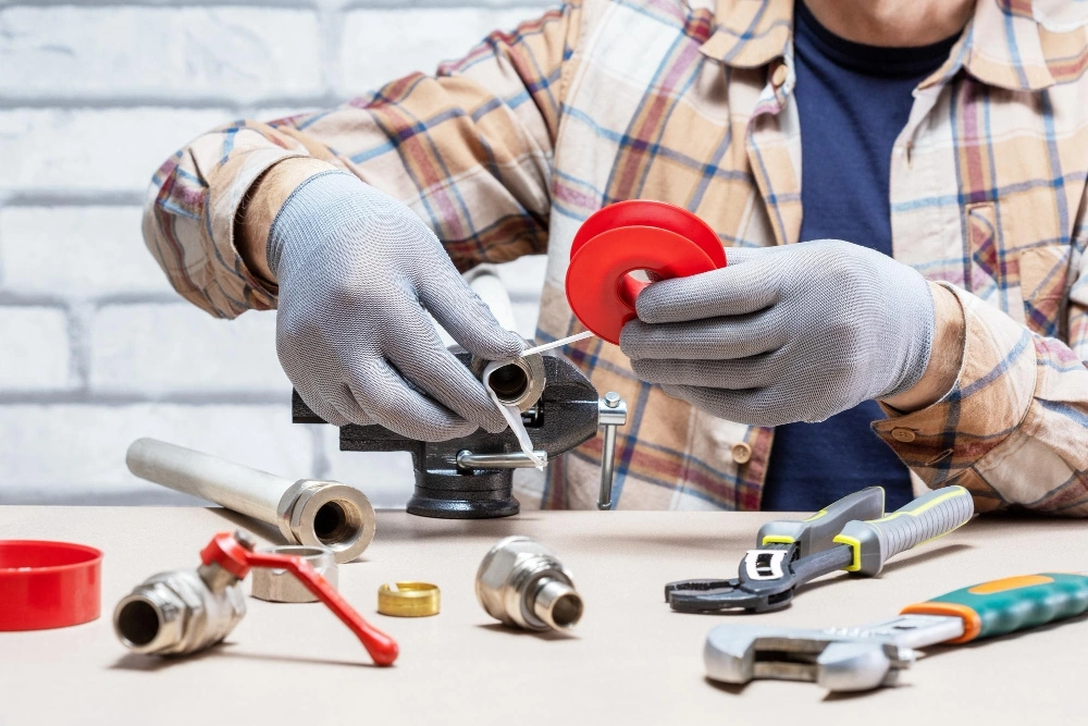 Plumber wraps Teflon tape on a pipe fitting secured in a vise, surrounded by tools and valves