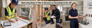 Infographic showing the timeline to become an electrician through training stages