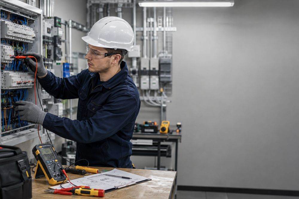 Electrician carrying out practical electrical testing on a distribution board for a City & Guilds Level 3 electrical installation course