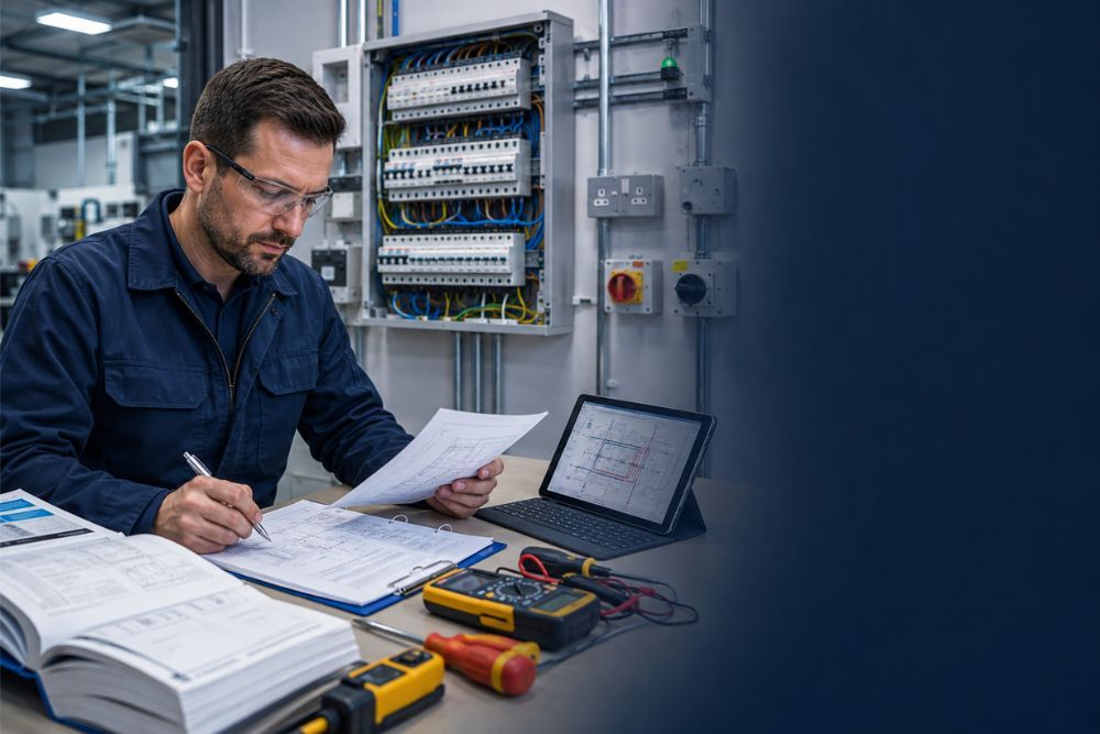 Electrician studying wiring regulations and electrical schematics for a City & Guilds 2382 18th Edition course