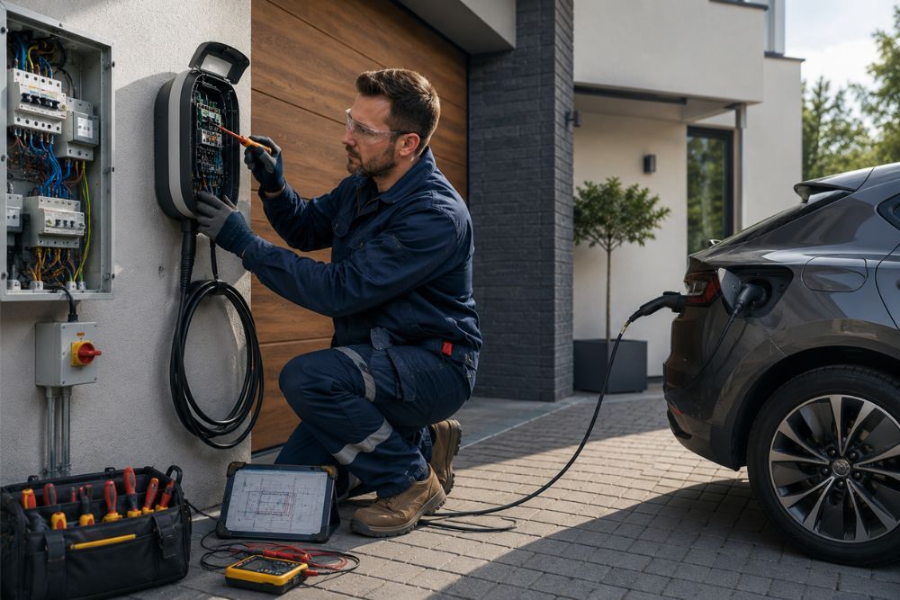 Electrician installing and testing an electric vehicle charging point for a City & Guilds Level 3 EV charging installation qualification