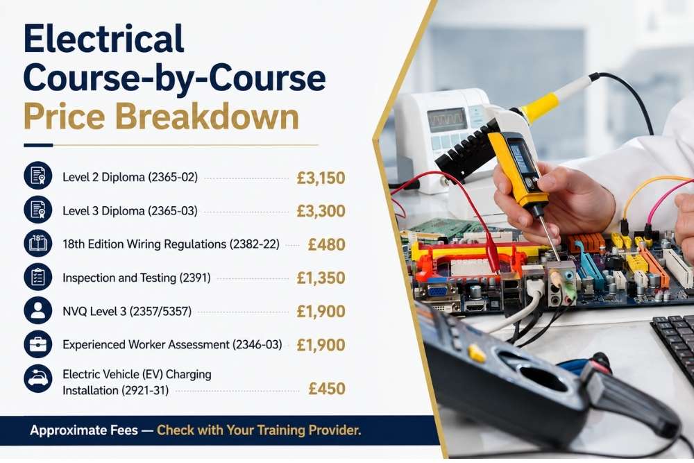 Electrical training course price breakdown showing Level 2 and Level 3 diplomas, 18th Edition, inspection and testing, NVQ, Experienced Worker Assessment and EV charging courses