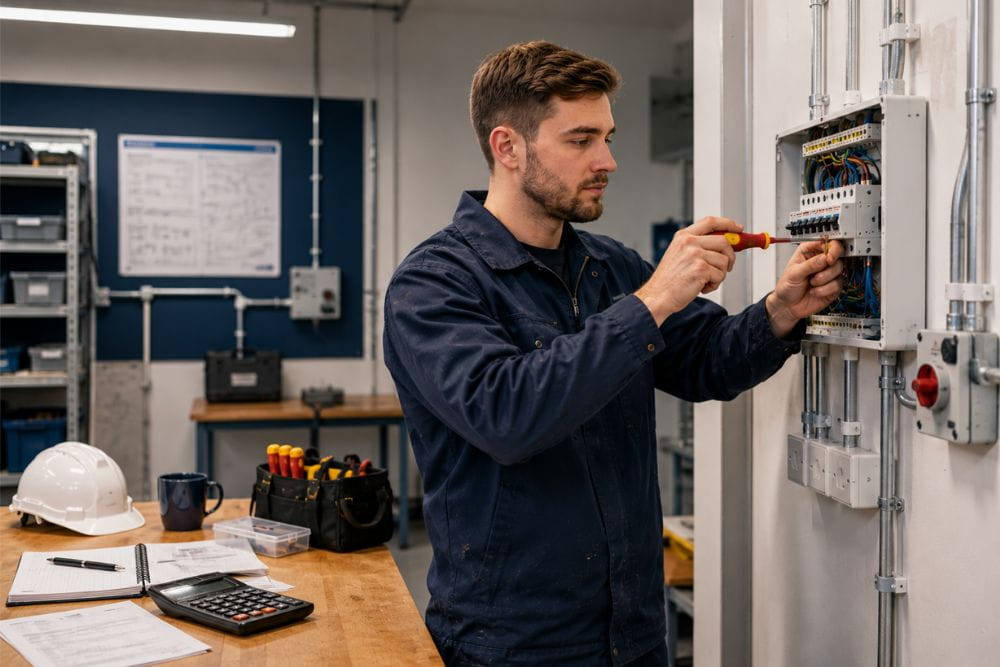 Electrician training in a practical workshop, highlighting the investment, career opportunities and earning potential of becoming an electrician in the UK