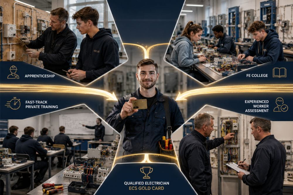 Four routes to becoming a qualified electrician in the UK, including apprenticeship, FE college, fast-track training and Experienced Worker Assessment