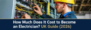 UK electrician working on electrical equipment while highlighting the costs and training routes involved in becoming an electrician in 2026