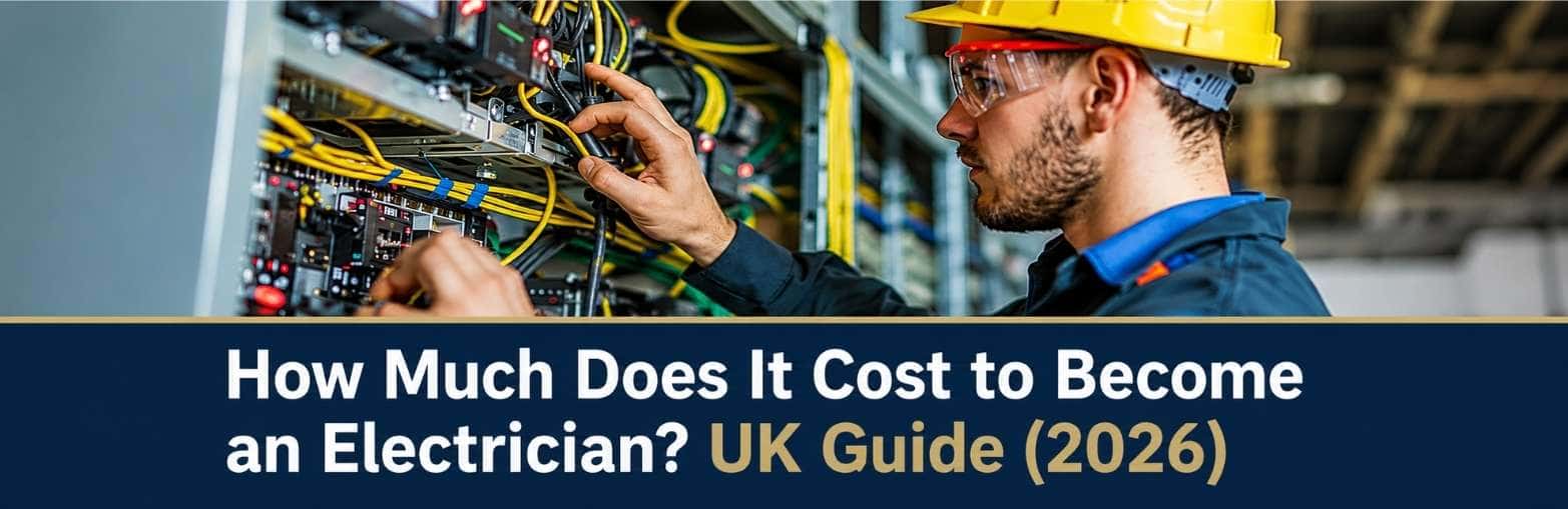 UK electrician working on electrical equipment while highlighting the costs and training routes involved in becoming an electrician in 2026