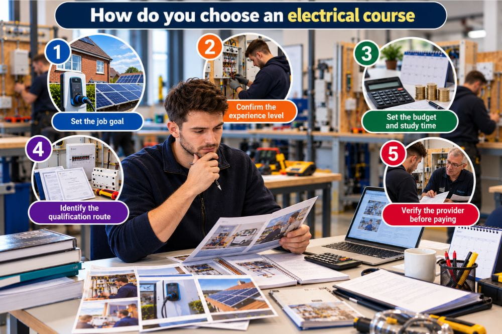 Five steps for choosing the right electrical course in the UK, from setting a career goal to verifying the training provider