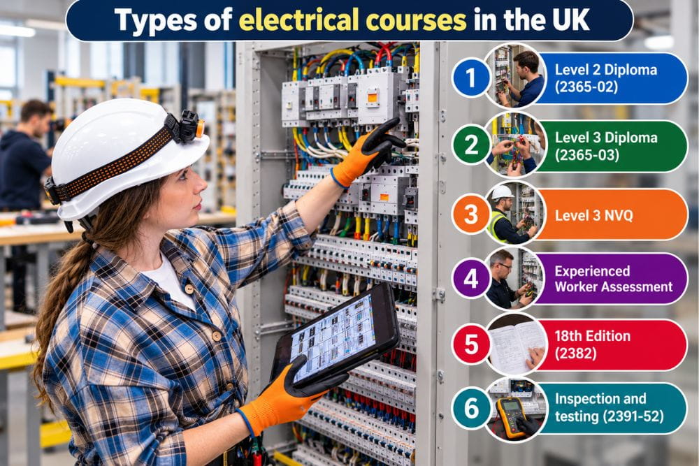 Types of electrical courses in the UK, including Level 2 and Level 3 electrical diplomas, NVQ, Experienced Worker Assessment, 18th Edition and inspection and testing courses
